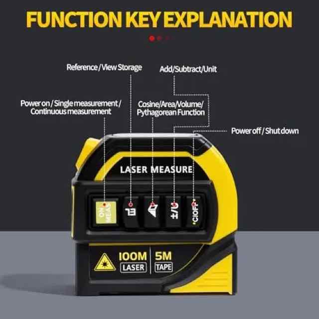 Compact yellow-and-black laser measure with tape function shown front-on against a dark background, with labels explaining the function keys and a readable display area.